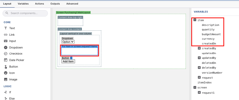 Loop-scoped item variable versus the parent items array
