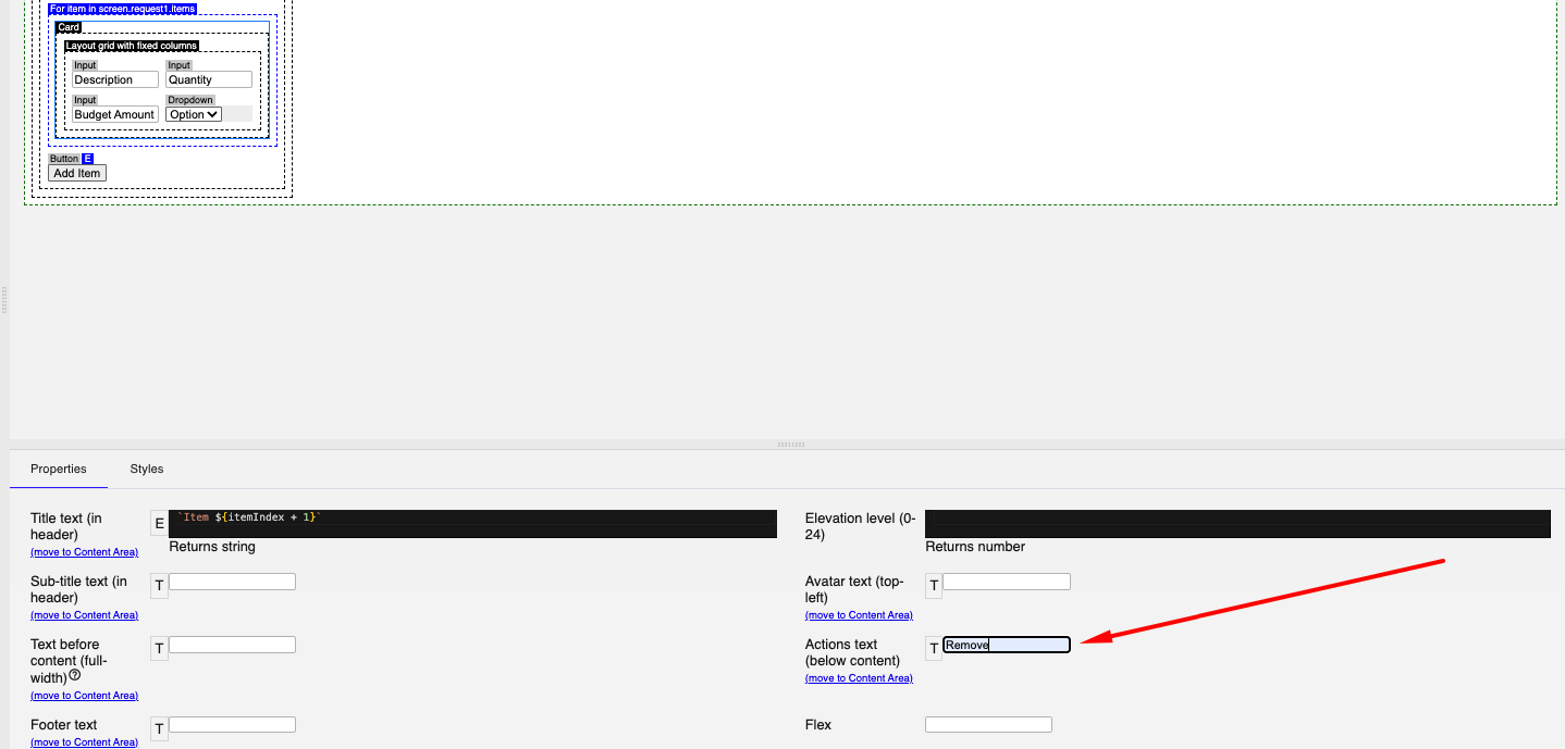 Location of the Action text property in the Card properties
